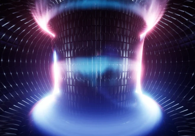 Abstract futuristic render of a glowing turbine-like structure with blue and pink light - Lucideon materials science innovation.